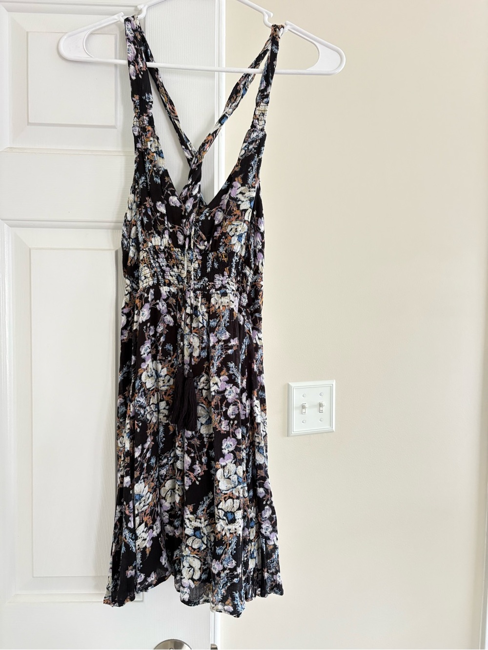 Free People Black Floral Smocked Mini Dress with Crossback Straps